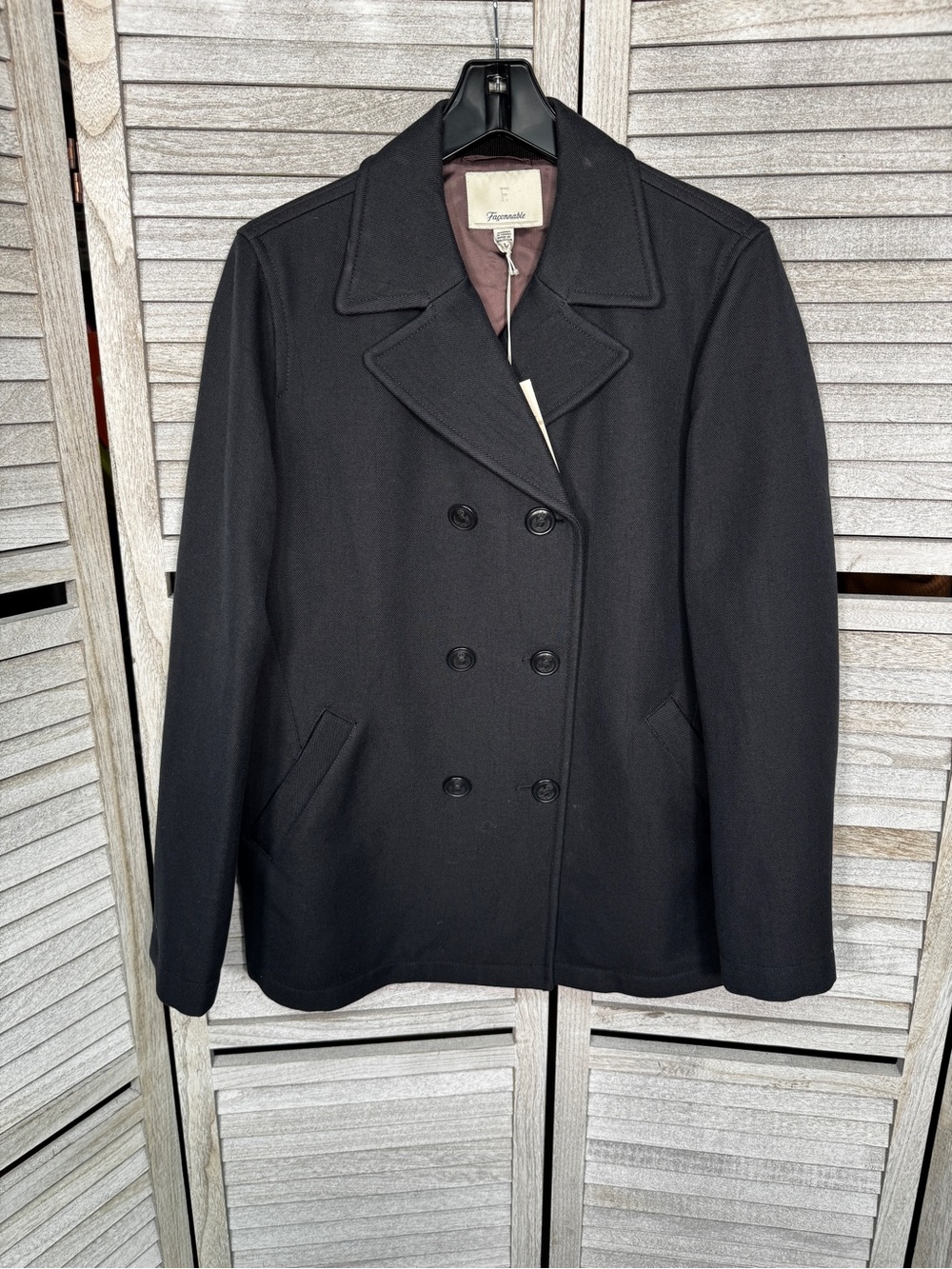 NWT Faconnable Navy Peacoat L Wool Cotton Double Breasted $425